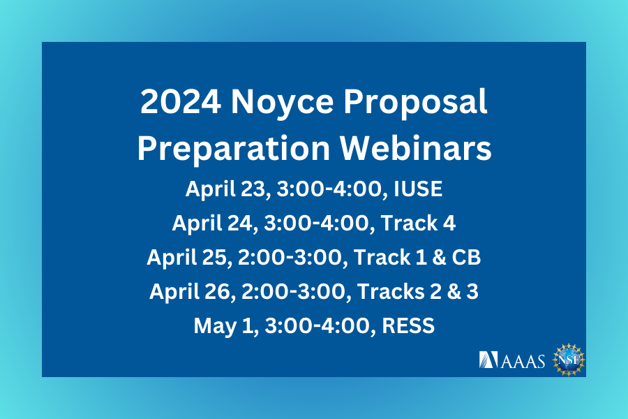 Our next series of Noyce Proposal Preparation Webinars starts TOMORROW! Sign up now to learn about Noyce proposals from NSF Program Officers. Register for and learn more about all five sessions here: engage.aaas.org/4d87mLC #STEMEducation #Teacherprep #Noyce #NSF