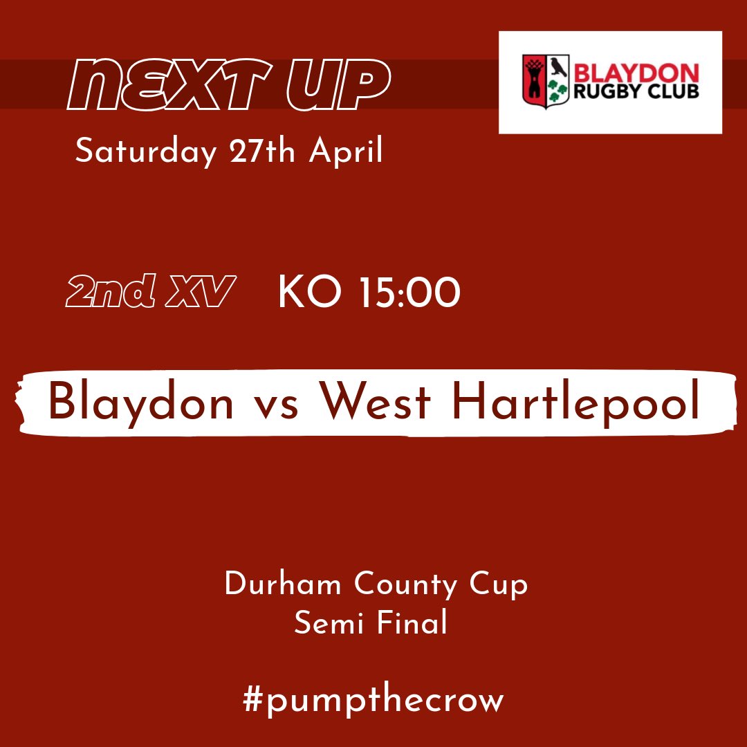 Coming up next... Durham County Cup Semi Final 🗓️Saturday 27th April 🆚 West Hartlepool 2s 📍 Crow Trees ⏰ 15:00 Let’s get down and support the lads 💪 #pumpthecrow