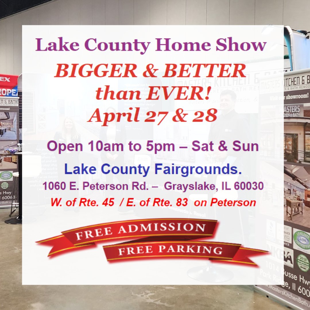 Mark your calendars! 📆 We're excited to announce that Masters Kitchen & Bath will be at the Lake County Home Show this weekend! 😊Choose from a $1000 discount on a complete kitchen overhaul, $500 savings on bathroom remodel. #kitchenremodel #bathremodel