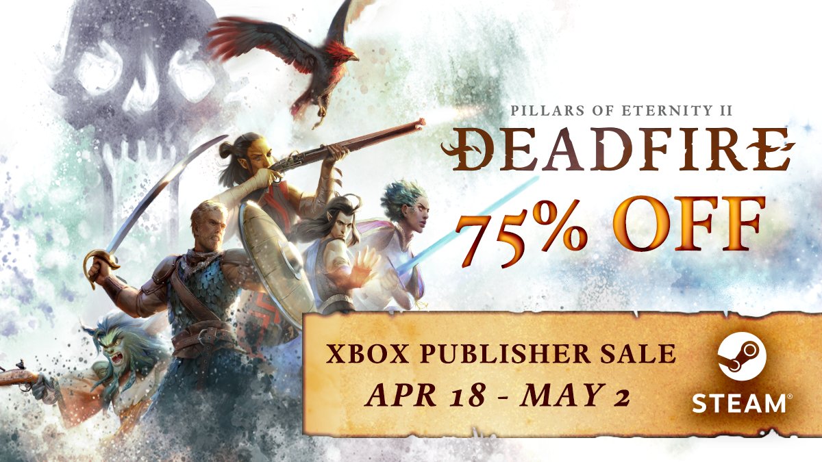 ✨ Pillars of Eternity II: Deadfire ✨ is 75% off on Steam. It's time to rally your companions, adventure awaits in the Deadfire Archipelago! The Xbox Publisher Sale ends May 2nd at 10am PT/ 1pm ET. store.steampowered.com/app/560130/Pil…