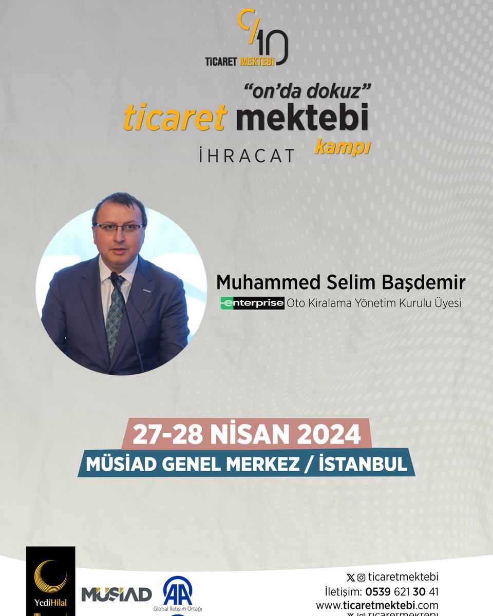 Ticaret Mektebi'nde, Enterprise Oto Kiralama Yönetim Kurulu Üyesi Muhammed Selim Başdemir bizlerle birlikte olacak. Başvuru Formu; 📌 bit.ly/TicaretMektebi…