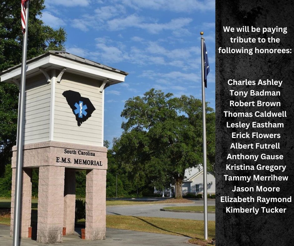 The 2024 EMS Memorial Service will be held on May 19 at 5 p.m. in Gaston, SC.
Please join us in honoring these brave men and women who served as EMS professionals. 
Visit scemsa.org/ems-memorial/ for more information.