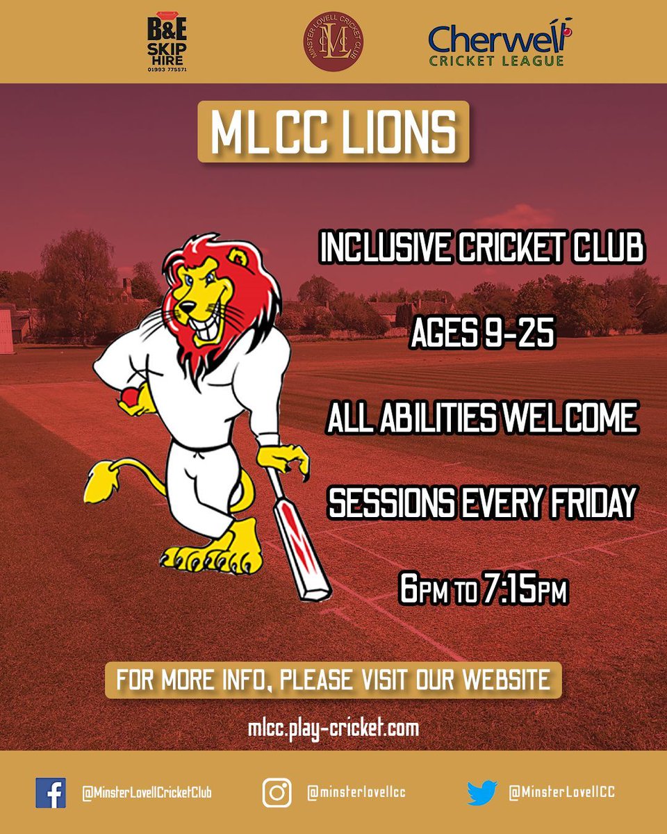 🦁 MLCC Lions 🦁 Come and join our inclusive, disability-friendly team, the Minster Lovell Lions 🏏 Sessions are every Friday evening throughout the summer 🌤️ ℹ️ More information 👉 buff.ly/3U7Ndwr #MLCC #UpTheLovell
