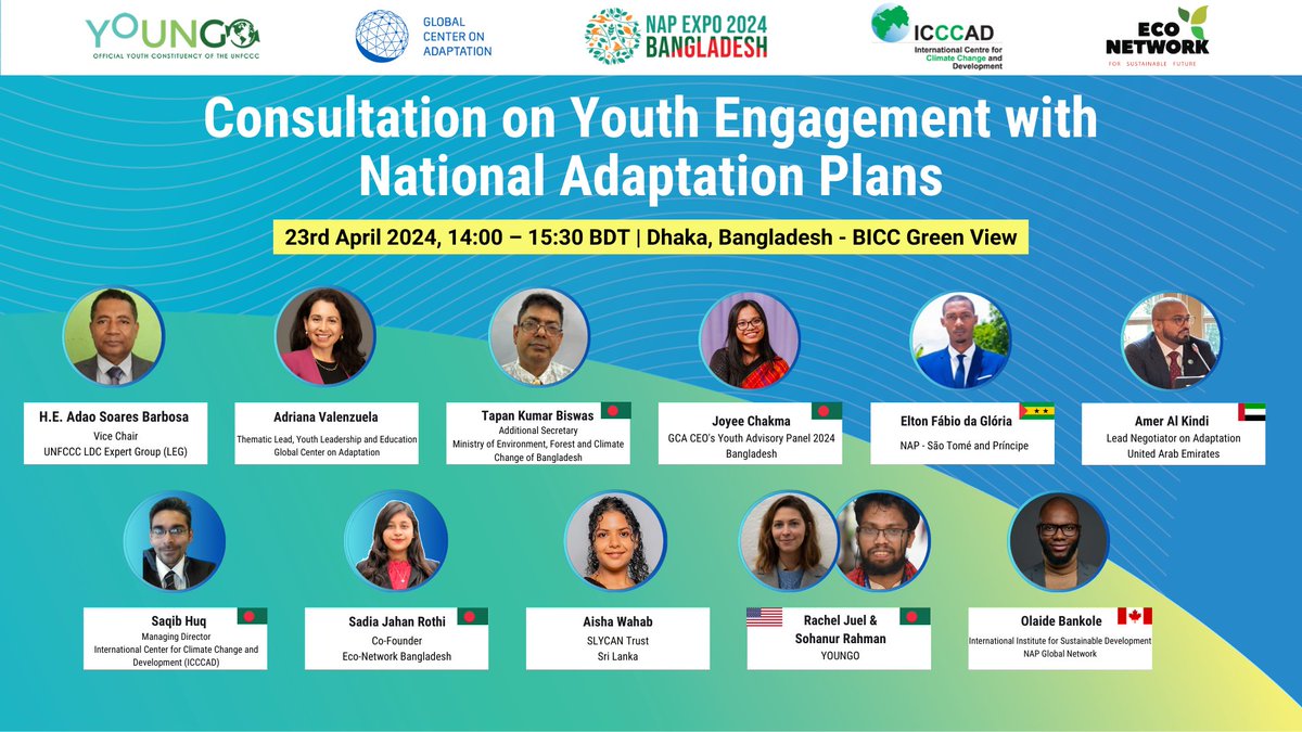 📣 @GCAdaptation in collaboration with the @UNFCCC LDC Expert Group, youth organizations, youth networks from Bangladesh @ICCCAD & development partners will hold a multi-stakeholder consultation at #NAPExpo 2024 Find out more: gca.org/events/nap-exp… #Youth4Adaptation