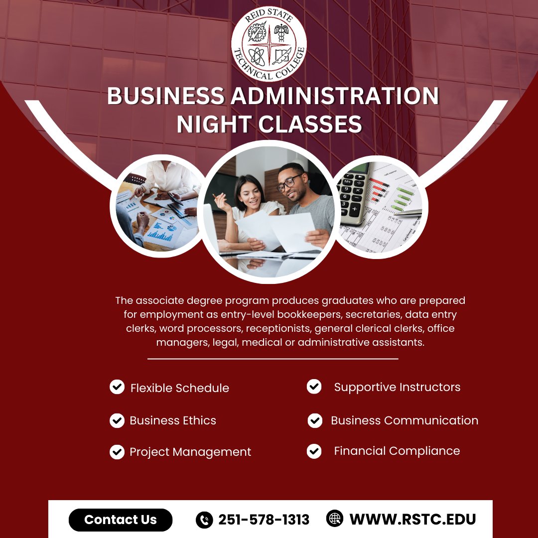 ReidStateTC's tweet image. Don&apos;t let your busy schedule hold you back! Reid State Technical College is thrilled to announce our Business Administration Night Classes – the perfect opportunity for working professionals and busy students to pursue their education after hours.

#LearnLocal #ACCS #NightClasses