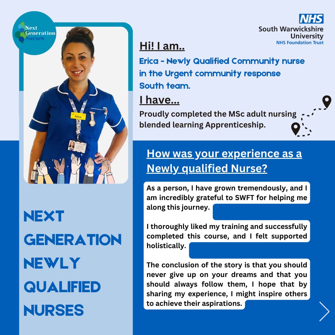 Next Generation shoutouts that we all love! NQN Erica qualified after completing the Msc Adult nursing blended learning apprenticeship at SWFT last year🥰 ⁠Remember, no two routes into nursing look the same - you can become a nurse in a way that works for you🌈⁠ #NHS #nurse