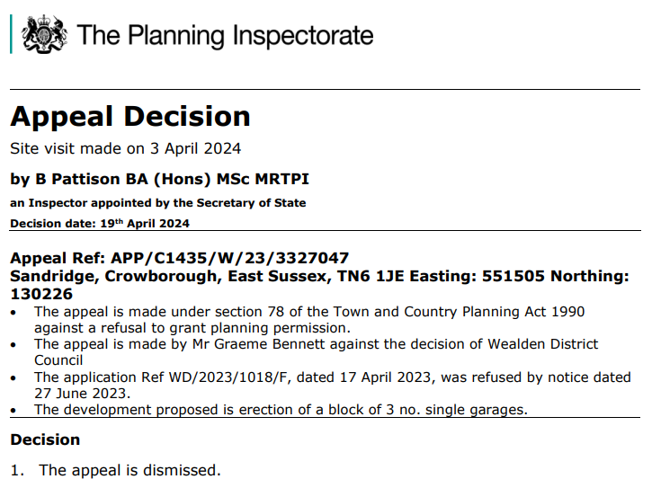 #planningappeal Appeal Decision for Land at Sandridge #Crowborough #Wealden 

Appeal Dismissed

View the details using reference WD/2023/1018/F at planning.wealden.gov.uk 

The @PINSgov reference is APP/C1435/W/23/3327047 at acp.planninginspectorate.gov.uk
