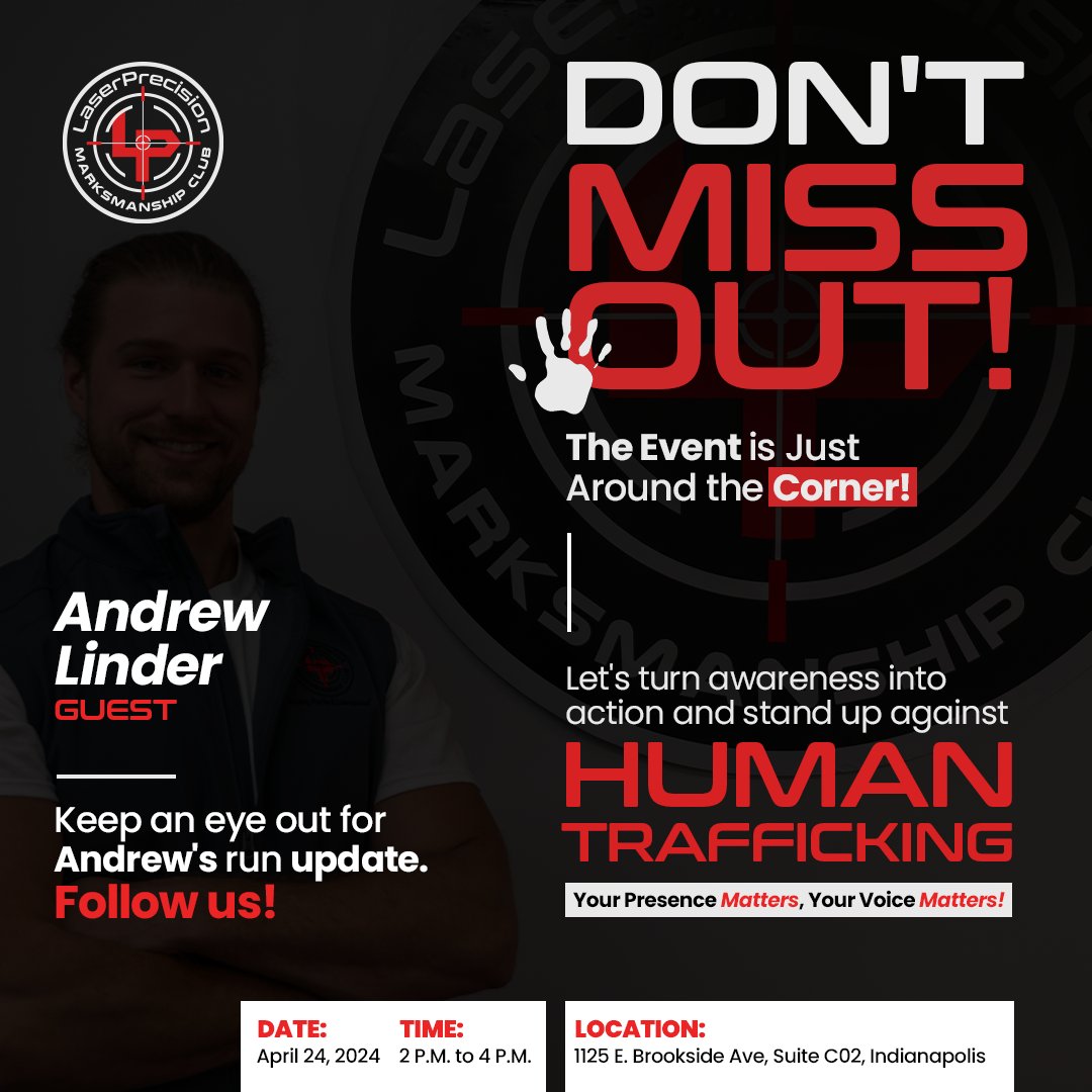 Time is ticking and we can’t wait to see you all! 

Be a part of our event on April 24th to fight against the human trafficking with Andrew Linder. 

Follow us to stay updated on Andrew’s Run!

#Laserprecision #Humantrafficking #runningforacause #virtualgaming #andrewlinder