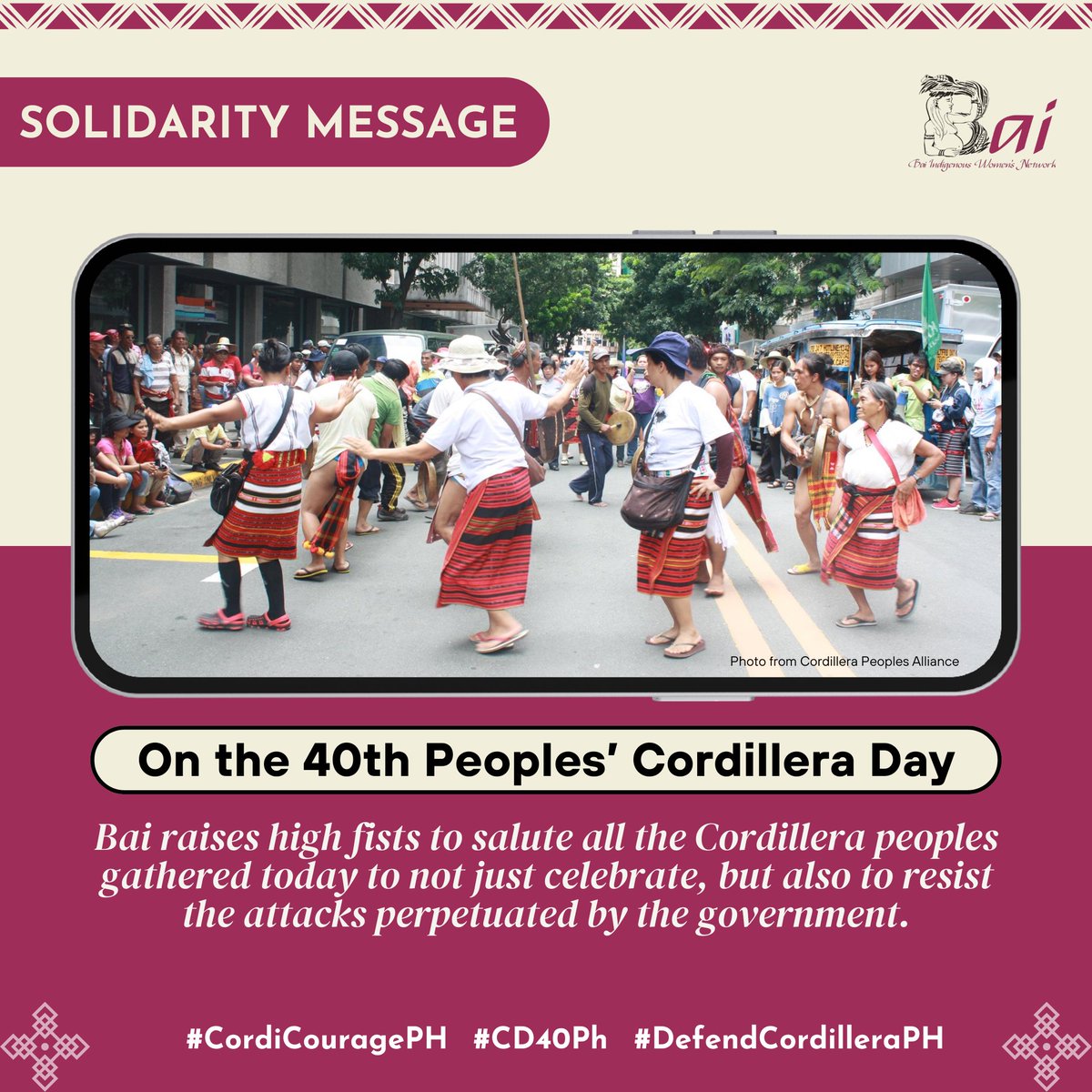 bai_women's tweet photo. Bai, as the collective voice of a network of Indigenous Women in the Philippines, stands firmly alongside the Cordillera peoples, through the leadership of the Cordillera Peoples Alliance (CPA), in resolutely advancing the struggle for land, life, and honor. #CD40Ph https://t.co/gT8wGHxiLD