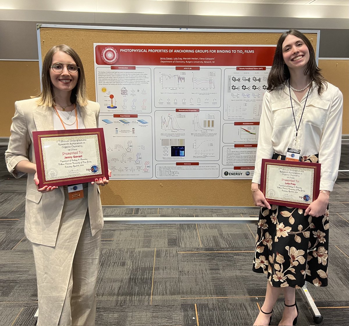 Congratulations to our undergraduate students Jenny Gavazi and Lola Frey for winning the first-place poster award at the 17th Undergraduate Research Symposium at William Paterson University! 🎉 <a href="/ElenaGaloppini/">Elena Galoppini</a> <a href="/Rutgers_Chem/">Rutgers-Newark Chemistry</a>