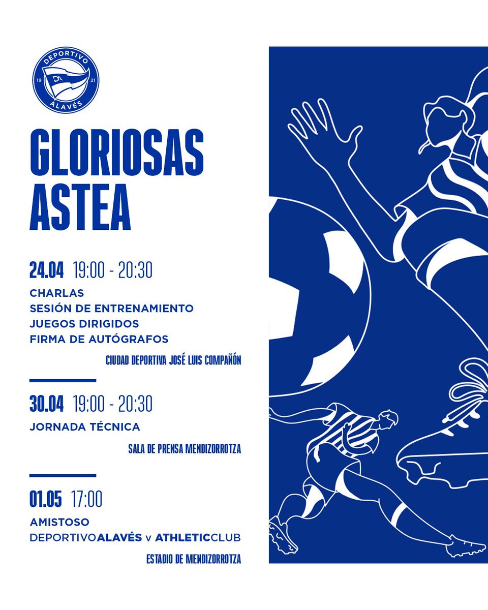 ✍️ ¡Apúntate a #GloriosasAstea! 😀 🔹 Tecnificación para txikis en Ibaia 🔹 Firma de autógrafos 🔹 Charlas 🔹 Ponencias 🏟️ ¡Partido ante el @AthleticClubFem en Mendizorrotza como fin de fiesta! ℹ️ t.ly/FS8nO #GoazenGloriosas ⚪🔵
