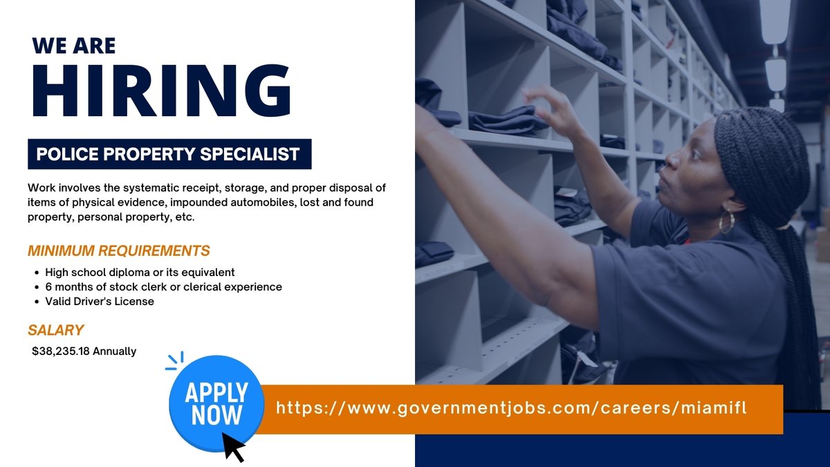 Join our team and become a Police Property Specialist! Work involves the systematic receipt, storage, maintenance and issuance of various items of police property such as uniforms, weapons, supplies, equipment, police vehicles, etc. Apply today: governmentjobs.com/careers/miamif…