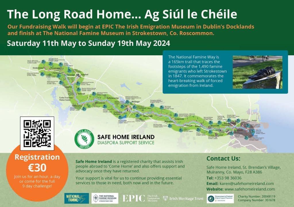 Embark on a journey with Safe Home Ireland as they stride towards a brighter future for returning Irish emigrants. Join them on their fundraising walk this May (11-19th) and be part of a meaningful cause. ➡️ Register to make a difference: bit.ly/3VPL5fo #FamineWay