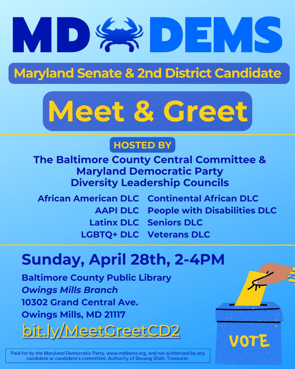 mddems's tweet photo. 🤝 Come meet &amp; greet your Maryland Senate and CD2 candidates at the Baltimore County Public Library in Owings Mills. Sign up here ➡️ https://t.co/biesZoTDUs https://t.co/34qXdS82ib