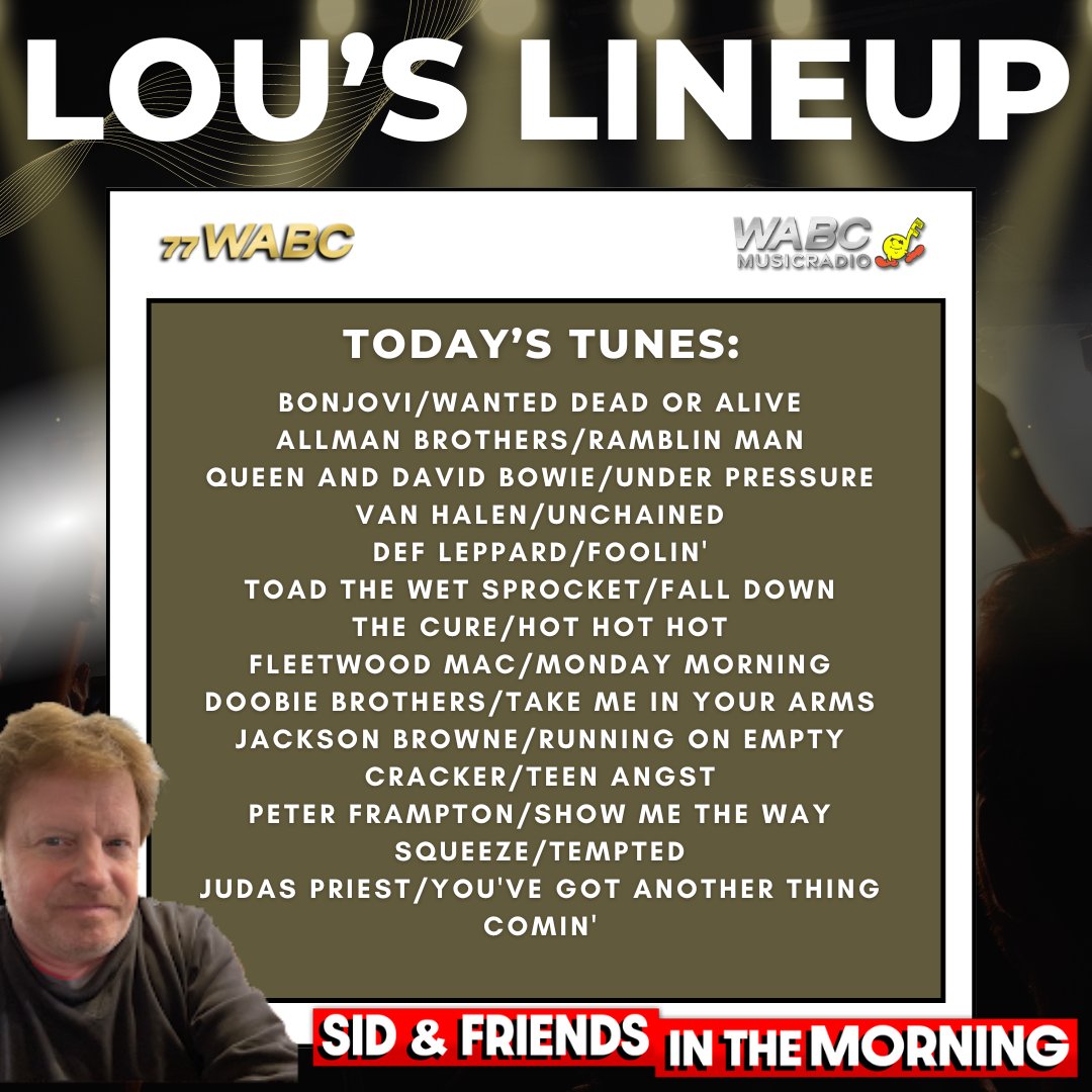 And now... it's time for LOU'S LINEUP! Listen to Sid and Friends In The Morning from 6AM-10AM EST on wabcradio.com or on the 77 WABC app! FULL #MONDAY PLAYLIST HERE: wabcradio.com/2024/04/22/lou…