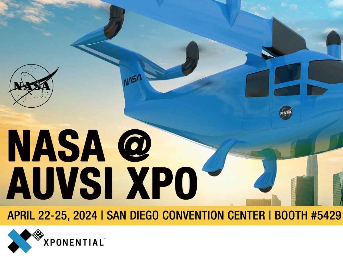 NASAaero's tweet photo. Are you attending AUVSI #XPO24? Visit our booth &amp; discover NASA’s vision for Advanced Air Mobility (AAM). We'll be there starting tomorrow &amp; taking part in several speaking engagements 🚁 

More AAM: https://t.co/9tcRLmrY1e https://t.co/9pVXGwGU2X