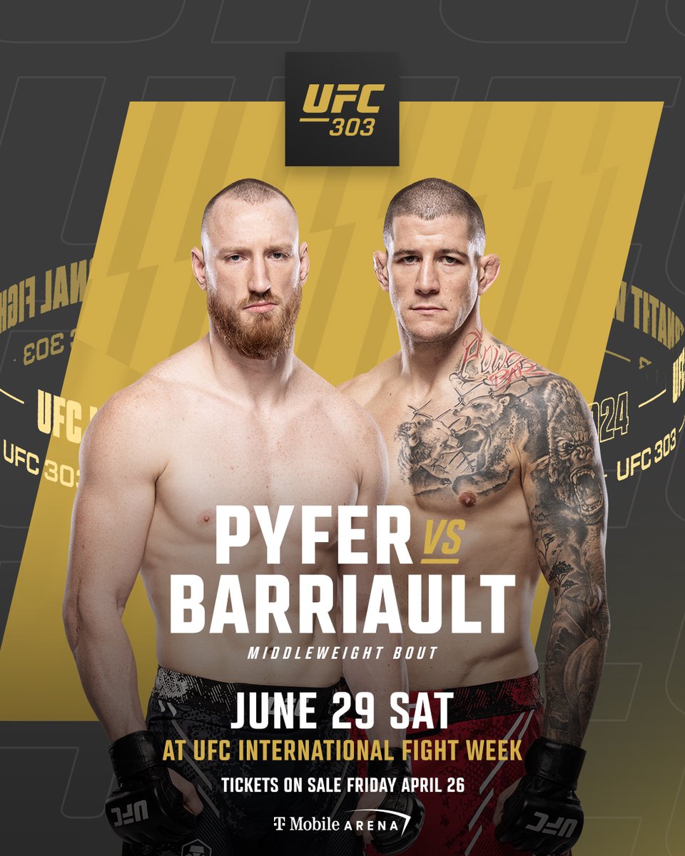 Adding some middleweight mayhem to #UFC303 👊 @Joe_Pyfer96 will meet @PowerBarriault inside the Octagon on June 29th!