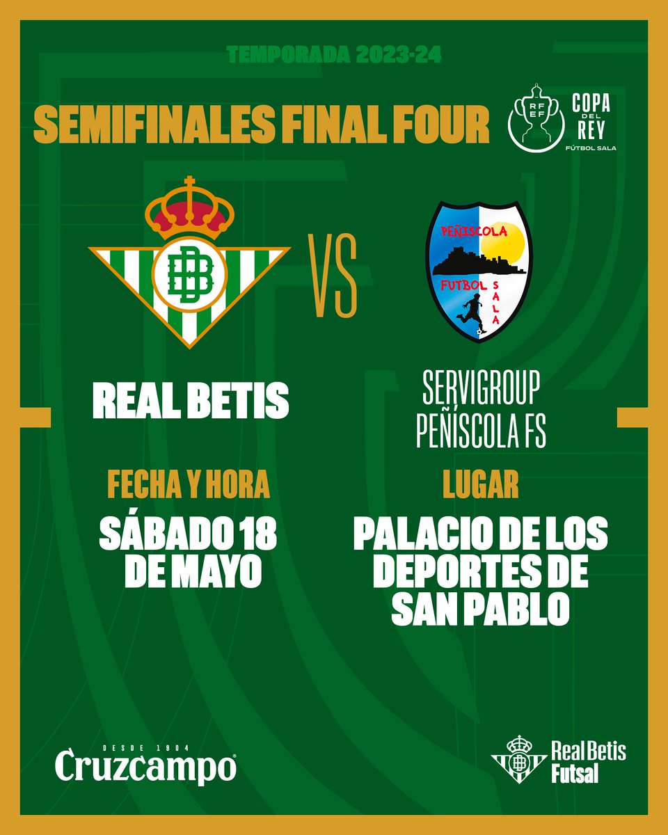 ¡Ya tenemos definitivamente a nuestro rival en las semifinales de la Final Four de la #CopaDelReyFS! 🆚🏆 ¡Nos mediremos ante el @peniscolafs! ⚔️💚 ➡️ realbetisbalompie.es/noticias/futsa… #BetisFutsal