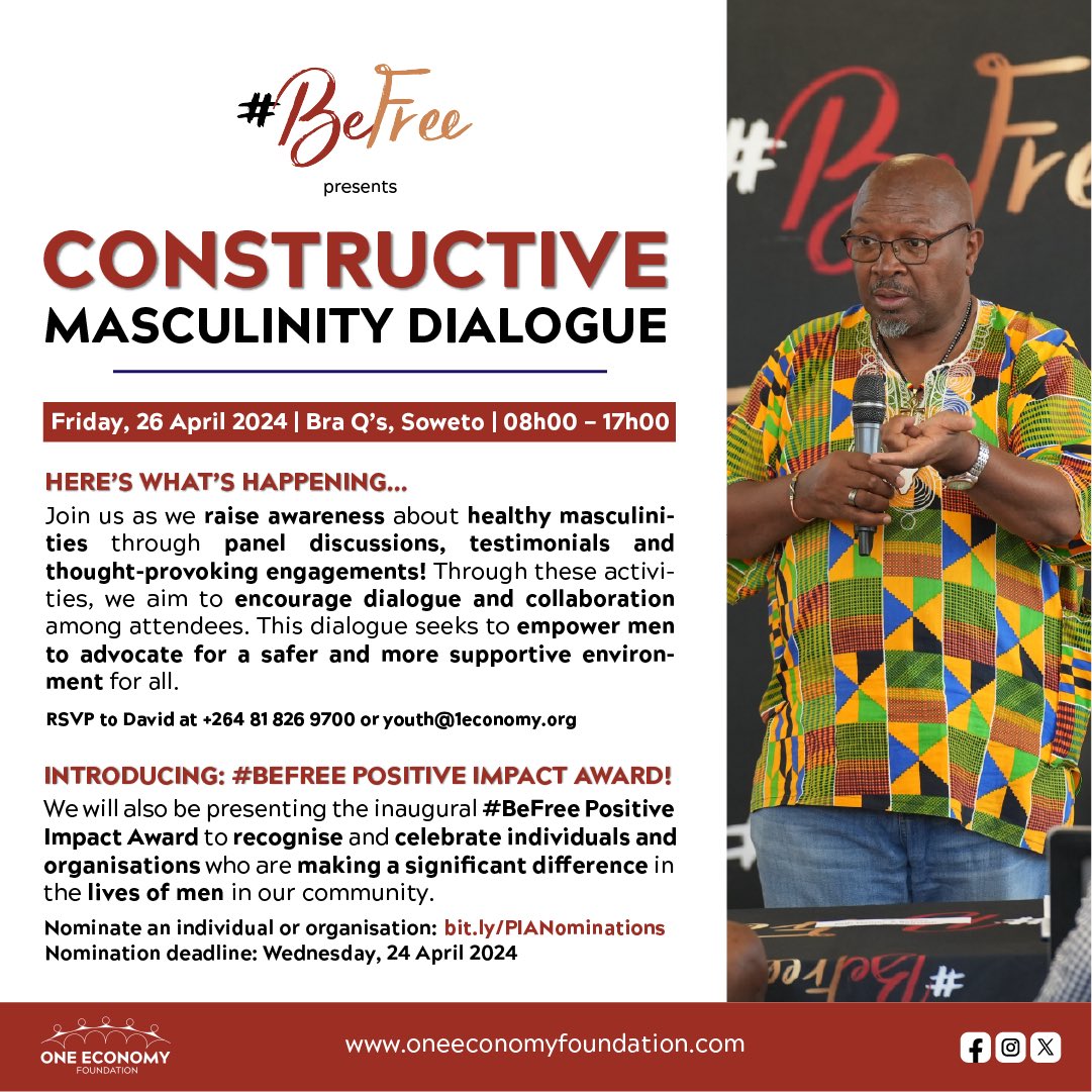 1/2 We are so excited for our first male engagement for the year and we hope you are too!☄️

Join us as we raise awareness about healthy masculinities through panel discussions, testimonials & thought-provoking engagements to encourage dialogue & collaboration among attendees! 🔥