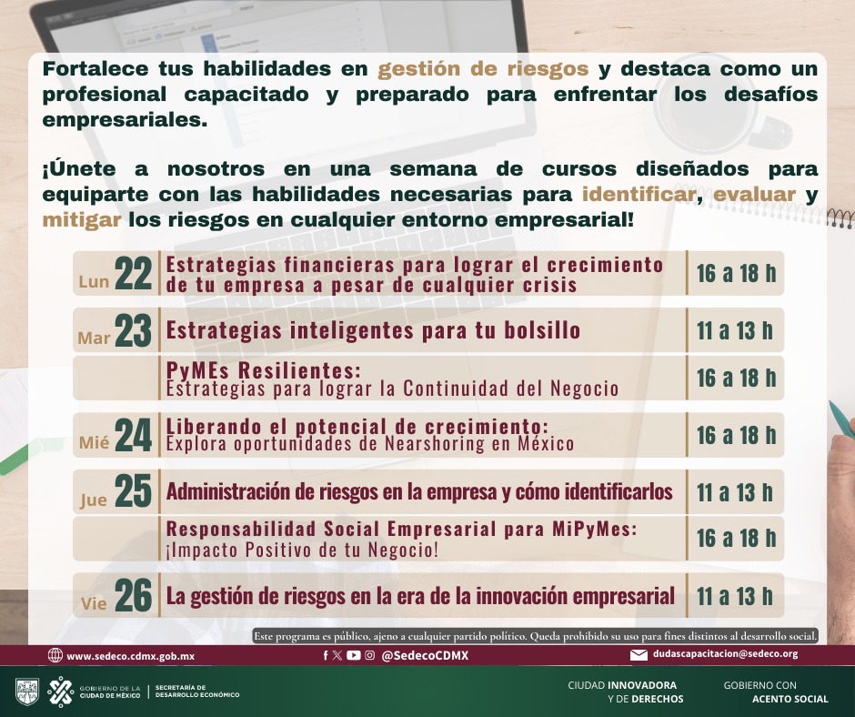 Termina abril con nuestros cursos de capacitación y aprende todo lo que necesitas saber sobre: Estrategias para solucionar situaciones de riesgo en tu empresa. ¡No lo pienses más, haz que tu negocio crezca! Regístrate aquí, son gratuitos: bit.ly/4cxyqnq