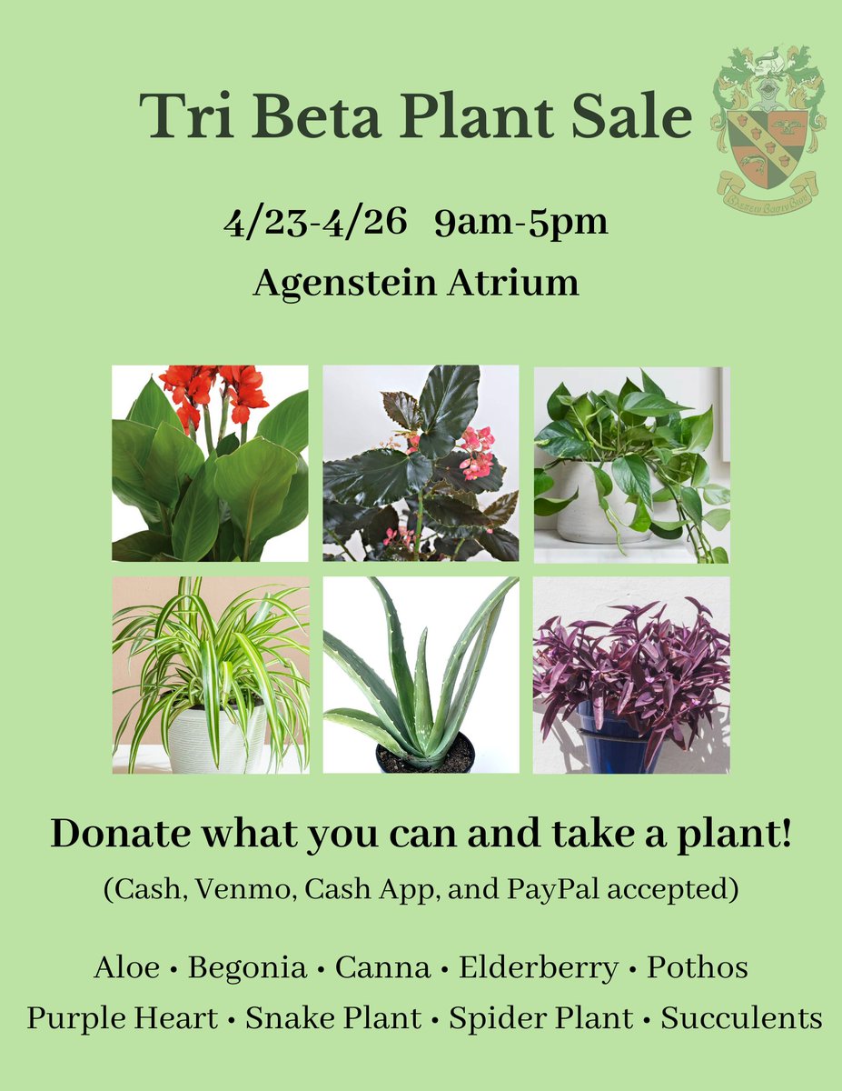 Come support our biology students starting tomorrow!

This houseplant sale is a fundraiser for TriBeta (biology student honors society). The sale runs April 23-26 from 9 AM-5 PM.

#MWSUAlumni #ProudMWSUAlum #ProudAlum #GriffonExperience #GoGriffs #MissouriWestern #GriffonsSucceed