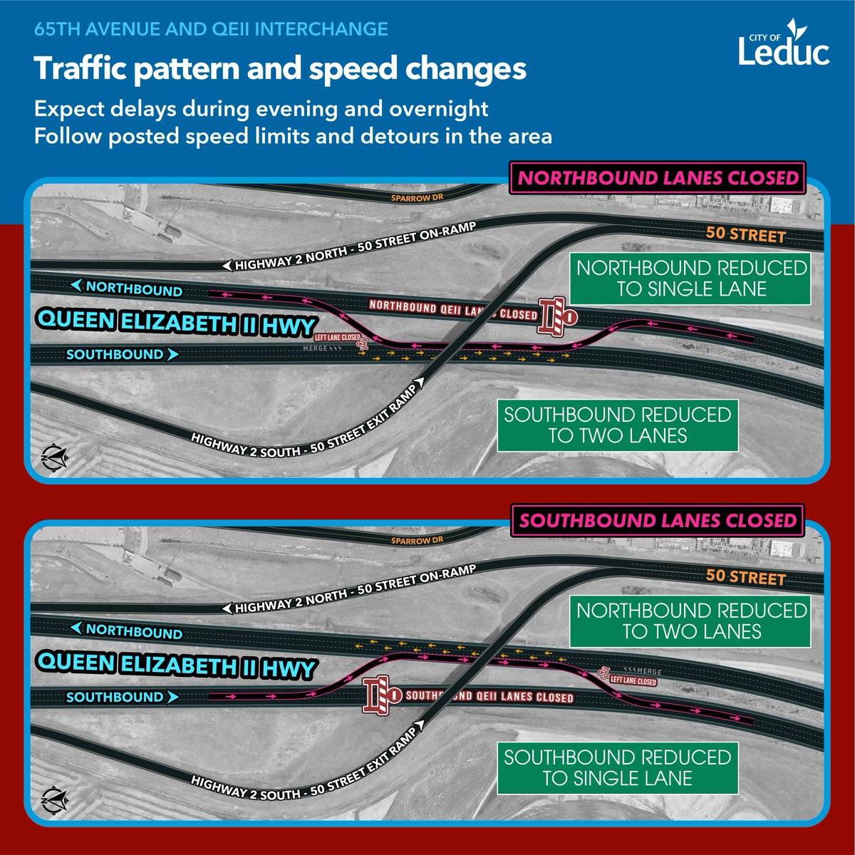 Starting Apr. 23, overnight detours will occur on the QEII highway between 10 p.m. - 6 a.m. while large steel beams are installed on the bridge for the 65 Ave &QEII Interchange project. For more details please visit: pulse.ly/1ejve9vbda #YEGTraffic