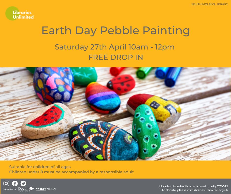 Celebrate #EarthDay with #SouthMolton Library! Join us this Saturday from 10am to 12pm for a pebble painting craft that's sure to leave a mark! Old clothes recommended. #LibrariesUnlimited