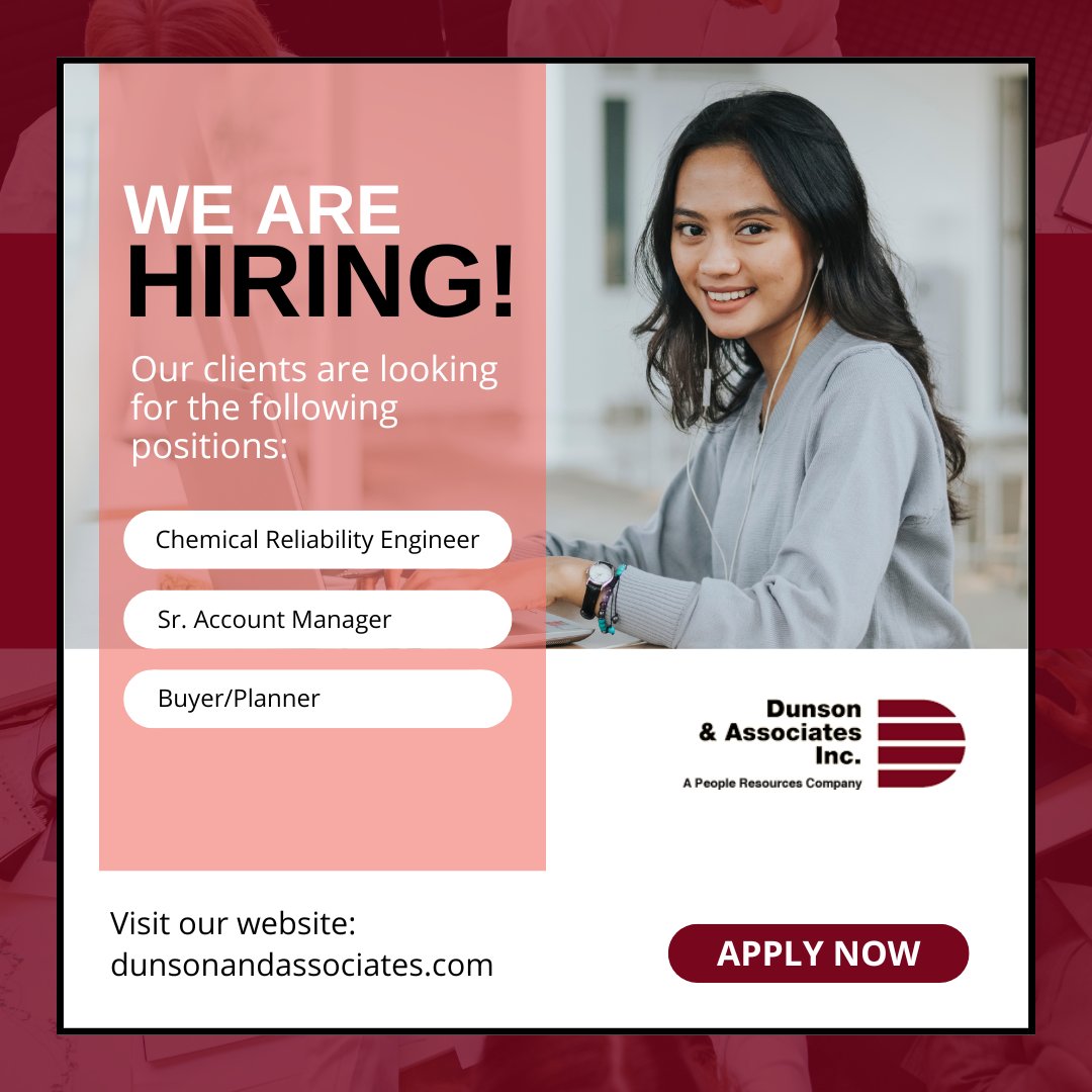 We are looking to fill the following positions:

Chemical Reliability Engineer
Location: Augusta, GA
Details: bit.ly/49XgmBl 

Sr. Account Manager
Location: Rosemont, IL
Details: dunsonandassociates.com/open-jobs.html…

Buyer/Planner
Location: Portage, MI
Details:  ...