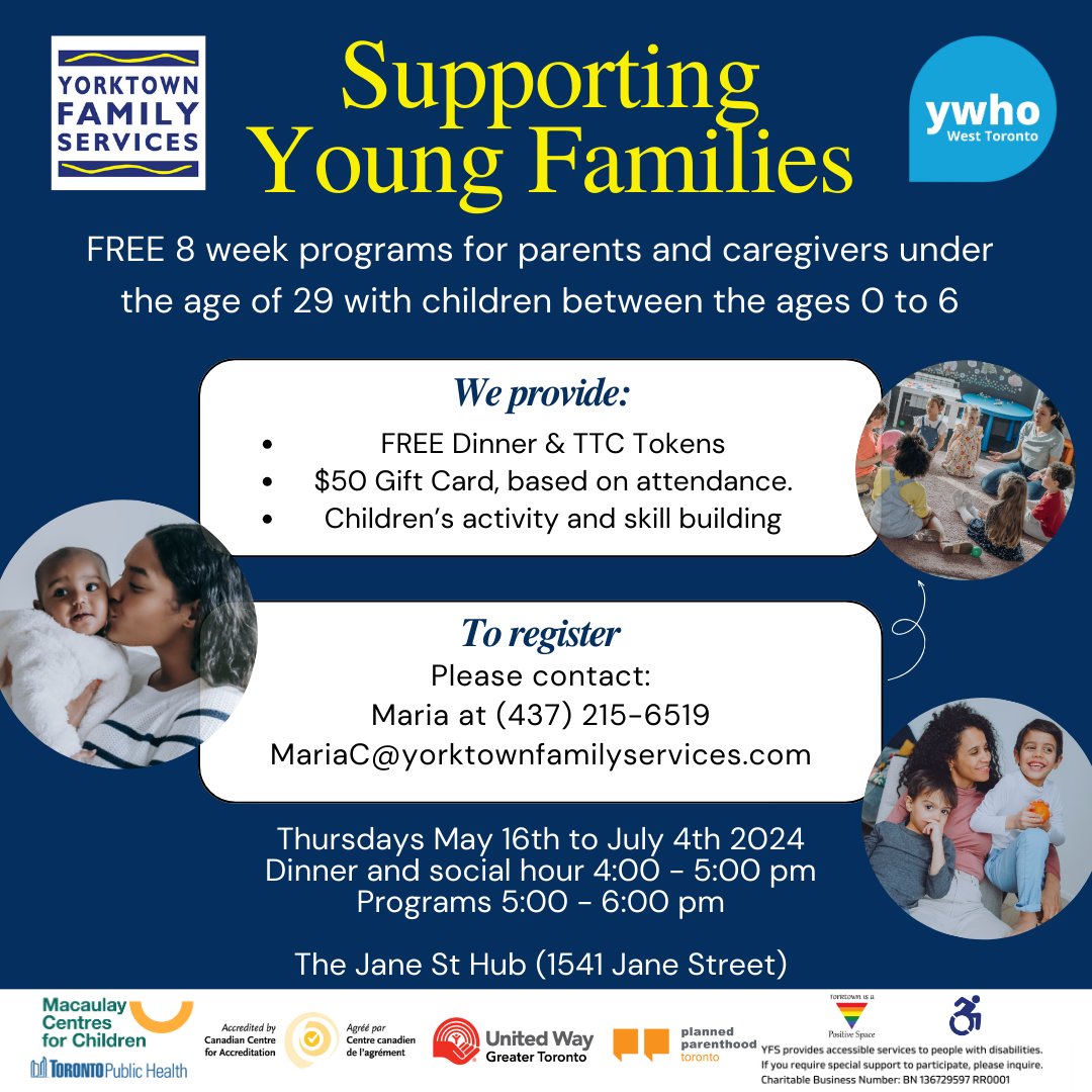 Are you a parent/caregivers under the age of 29 with children between the ages of 0-6 living in #WestToronto!? Our Supporting Young Families programs provide a range of supports and services to young families. Learn more & register: yorktownfamilyservices.com/programs/suppo…