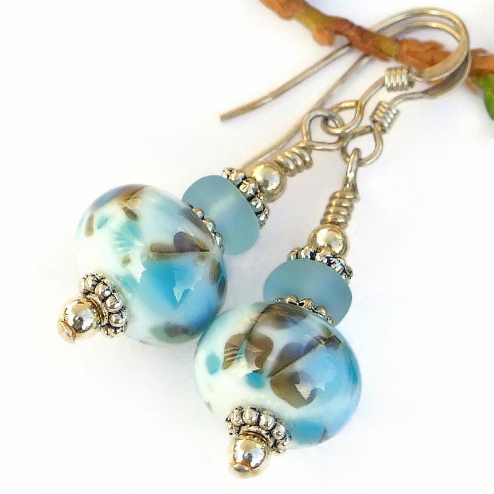 Beautiful #Aqua, Brown & White #Lampwork Glass #Earrings w/ Translucent Aqua Czech Glass Accents! via @ShadowDogDesign #ShopSmall #MothersDay #Handmade #LampworkEarrings bit.ly/AquaSplashSD