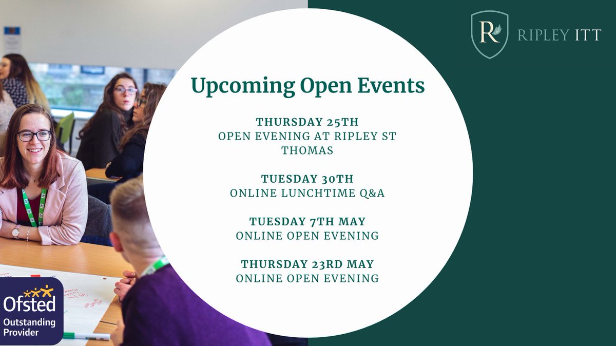 Find out about our primary and secondary courses at our April and May open events.

Sign up for free below:
eventbrite.co.uk/o/ripley-itt-4…

#traintoteach #getintoteaching #pgce #teaching