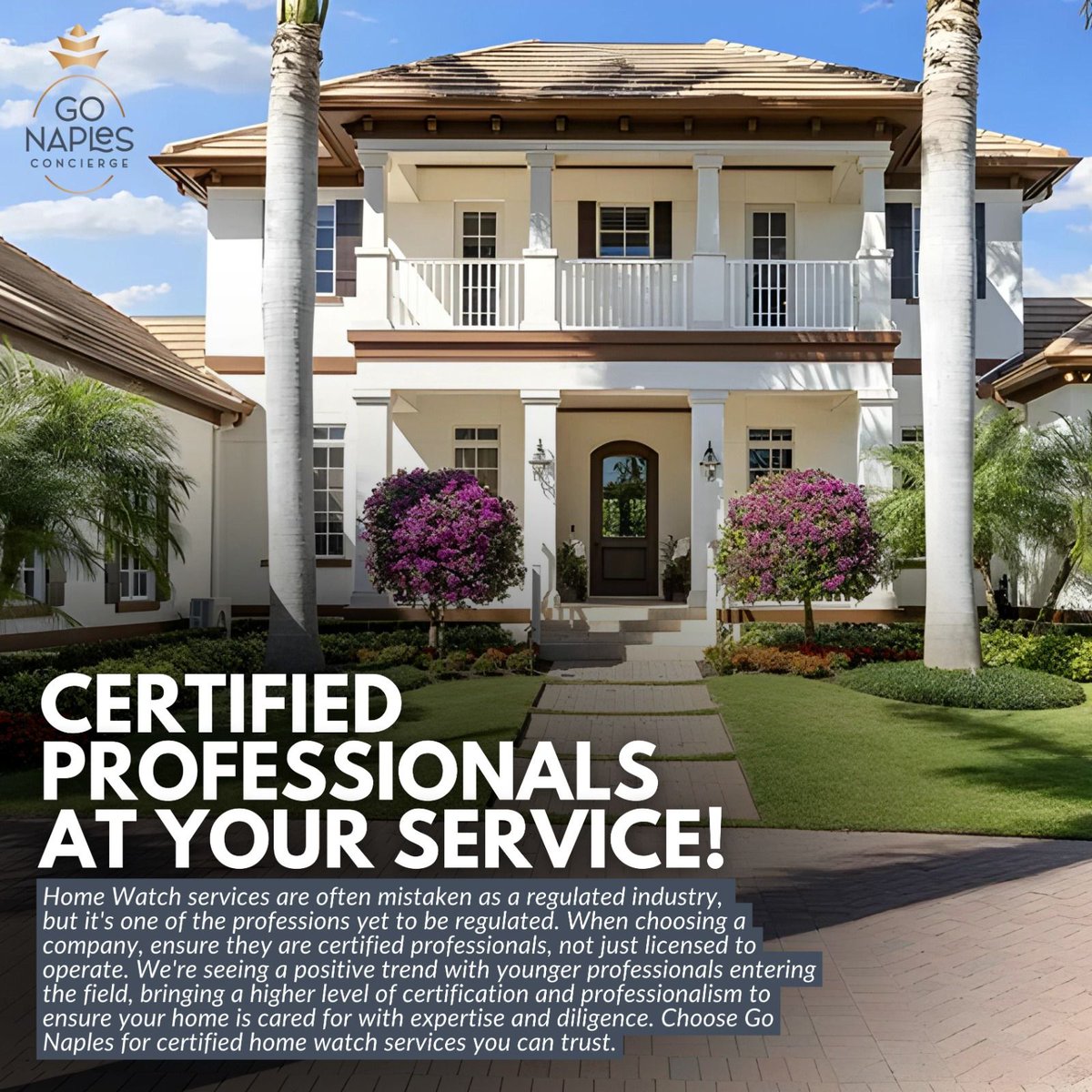 Certified Professionals at Your Service! Home Watch services are often mistaken as a regulated industry, but it's one of the professions yet to be regulated. 
--
📞Contact us: (239) 360-3605 | Hello@gonaplesconcierge.com   
.
#NaplesBusiness #PropertyCare #NaplesHomeWatch