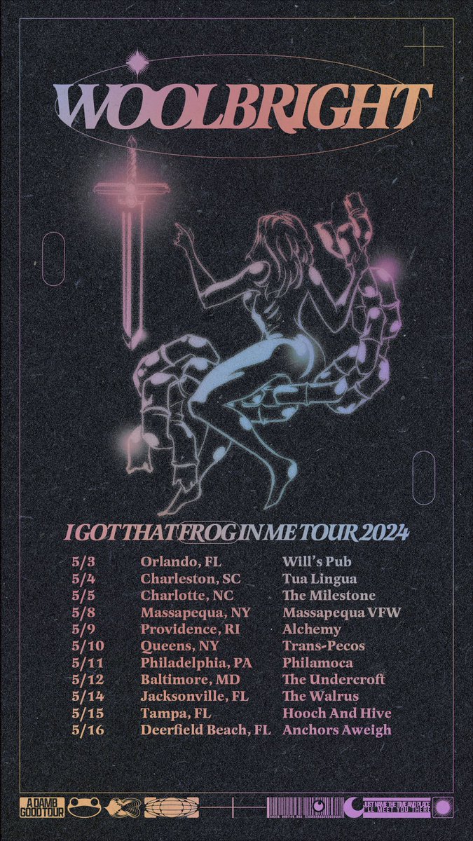 AHHHH!!! Tour is less than two weeks away!!! Come thru!!! Get ur tickets and come rock with us 🐸

⊹ woolbrightband.com/music ⊹