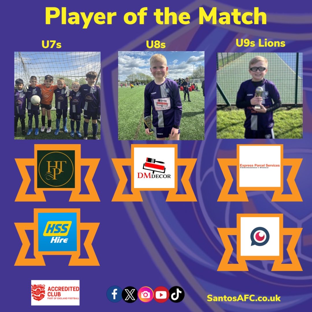 🏆Player of the Match 20/04/24 - 21/04/24

#U7s -  The Whole Team

#U8s  - Albert

#U9sLions - George

Keep up the good work!  🏆

With thanks to our sponsors #DMDecor #hydeplatinumtravels #HSSProservice #eps_expressparcelservices 
#foresightitservices