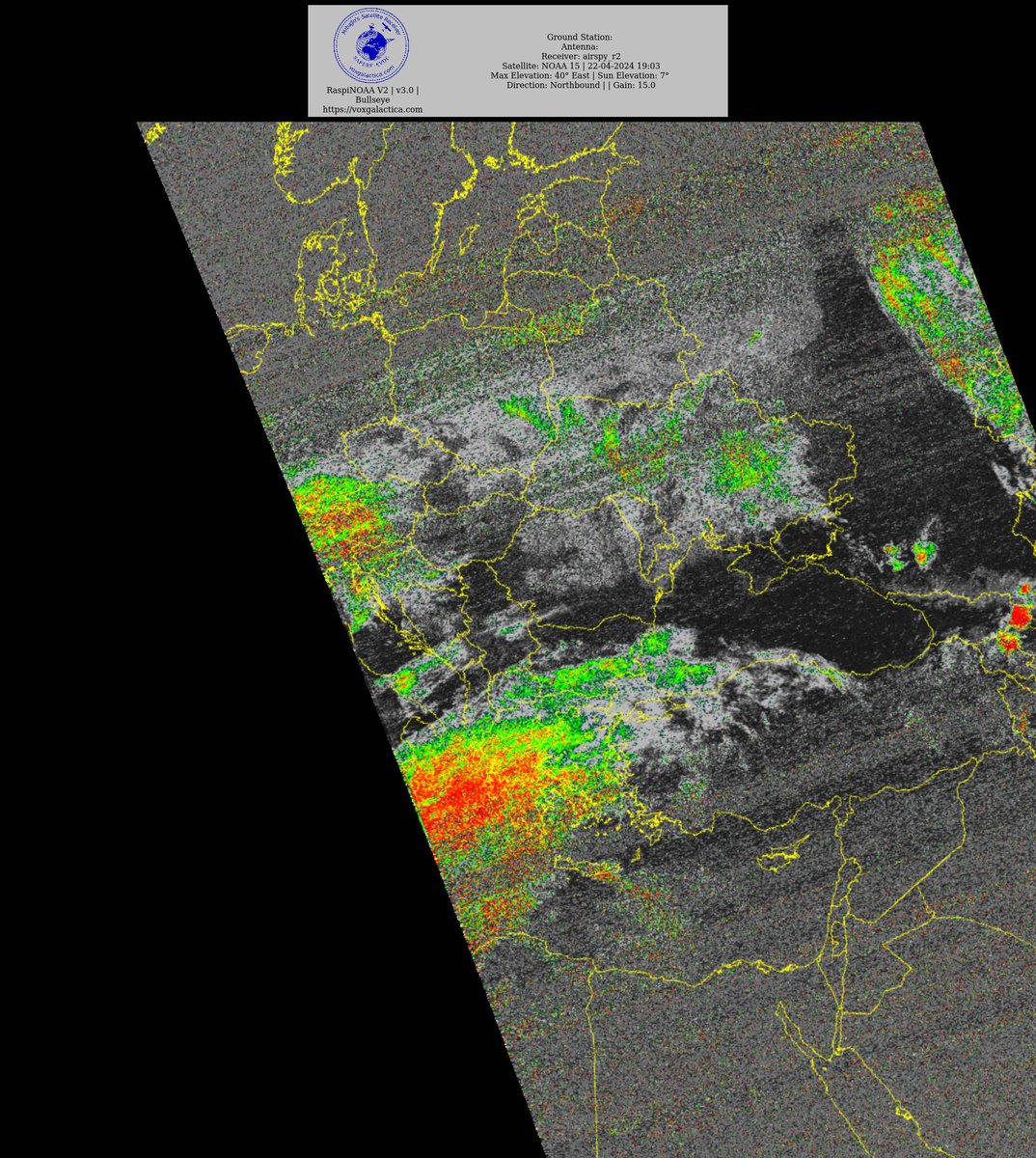 🇷🇸 NOAA 15 22-04-2024 18:35 CEST Max Elev: 40° E Sun Elevation: 7° Gain: 15.0 | Northbound #NOAA #NOAA15 #NOAA18 #NOAA19 #MeteorM2_3 #MeteorM2_4 #weather #weathersats #APT #LRPT #wxtoimg #MeteorDemod #rtlsdr #gpredict #raspberrypi #RN2 #ISS