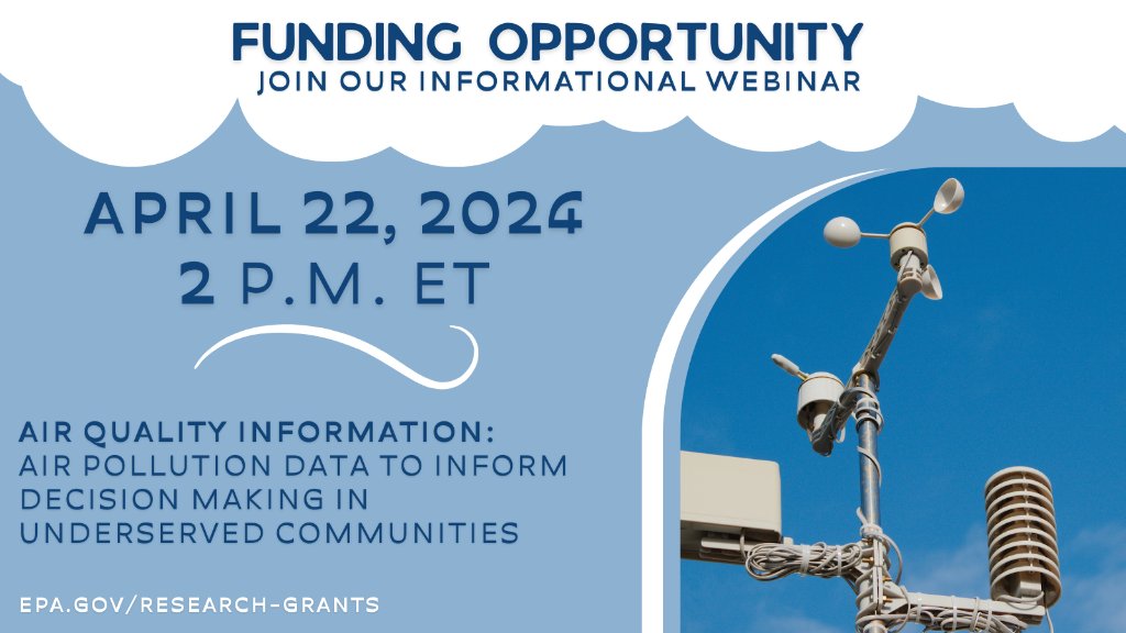 Want to help improve how communities use air quality data? We are hosting an informational webinar for our solicitation on research to advance air quality sensor data for cleaner air in underserved communities. Join today (4/22) at 2PM ET to learn more: events.gcc.teams.microsoft.com/event/608e3206…
