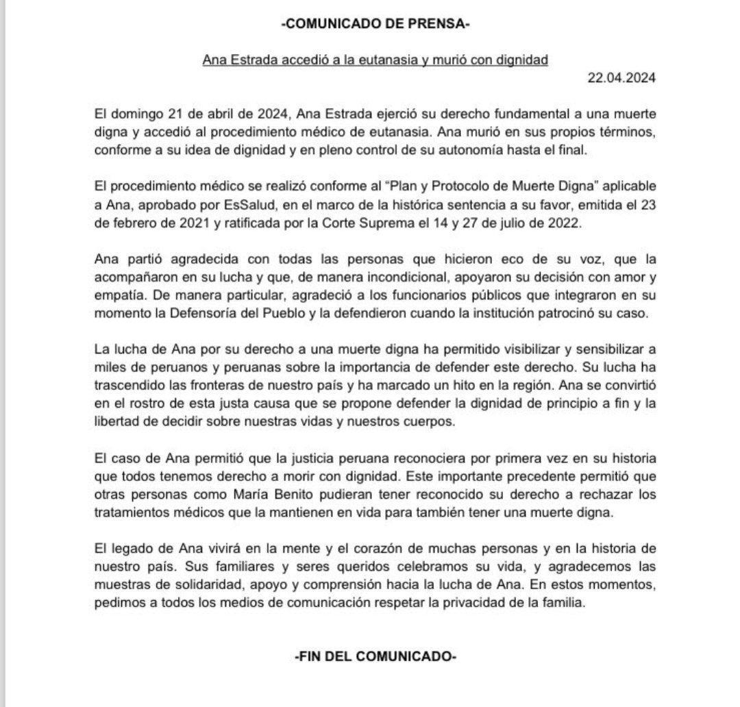 Ana Estrada ejercicio su derecho a una muerte digna, marcando un precedente importante en la administración de justicia y defensa de los derechos fundamentales.