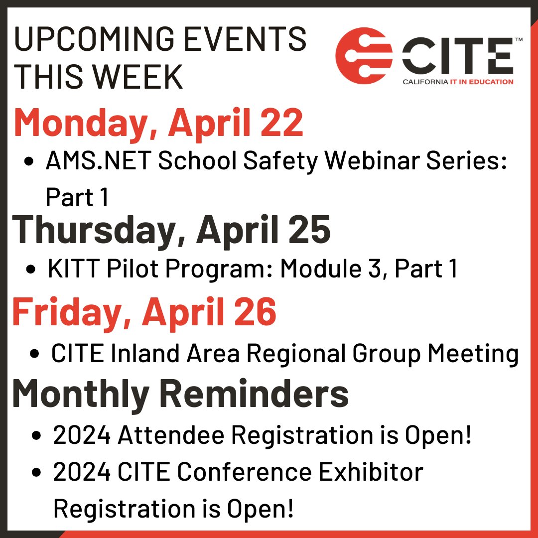 Happy Monday! Here are some of CITE's upcoming events for this week! Visit the CITE Community Calendar to see even more! cite.org/events #CITE_EDU #k12sysadmin #edtech #technology