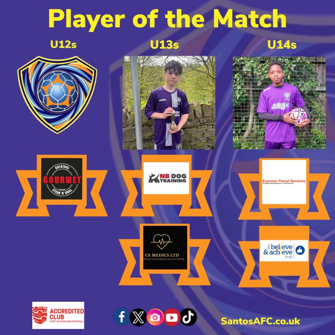 🏆Player of the Match 20/04/24 - 21/04/24

#U12s - No Game

#U13s - Fraser

#U14s - Unity

Keep up the good work!  🏆

With thanks to our sponsors #originalgourmetsteakngrill  #csmedicsltd #eps_expressparcelservices #nbdogtraining #thebelieveandachievetrust