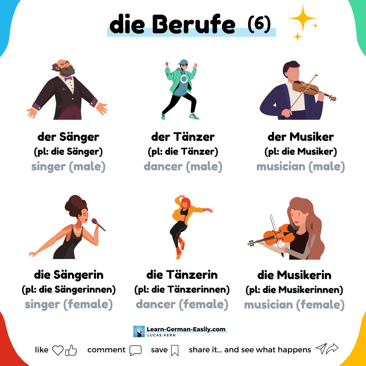 LearnXDGerman's tweet image. 🇩🇪

🎙️🕺🎶 These are some artistic professions related to music.

Which one is your favorite?

Are you good at any of them?

Learn to master German and speak fluently the easy way!
learn-german-easily.com/7-rule-challen…

___
#learngermaneasily #learninggerman #speakgerman