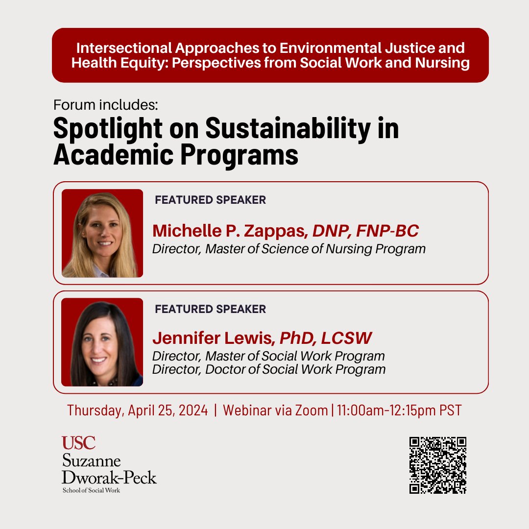 Our environmental justice & sustainability forum features Michelle Zappas and Jennifer Lewis who will discuss sustainability in academic programs at the Suzanne Dworak-Peck School of Social Work. RSVP to attend the virtual event on April 25th here: bit.ly/49pmVvr