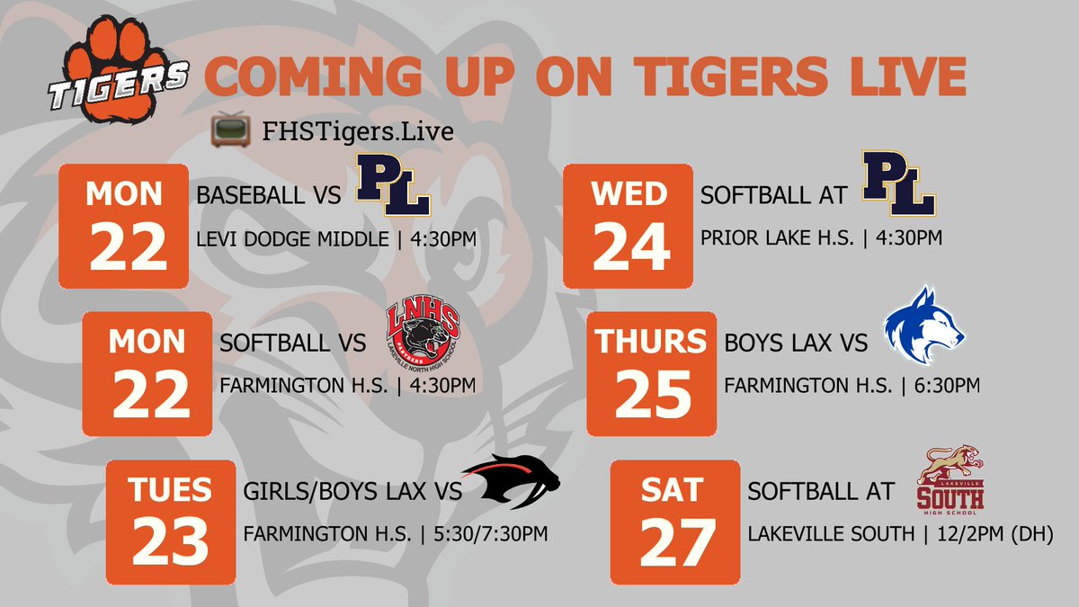 We have a full slate for you this week on Tigers Live! Don't miss the action as @_FHSBaseball and @TigerSoftball19 each take on Prior Lake