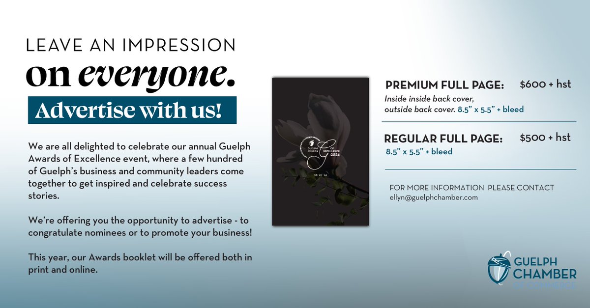 📣Advertise with us in the 2024 #GuelphAwardsofExcellence booklet! ✨Celebrate the success stories of Guelph’s business leaders.🌟Congratulate nominees or promote your business in print & online! 🚀Limited spots available. Reach out today for more info!👏 #Guelph #GuelphChamber