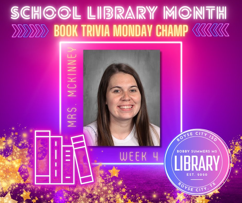 BobbySummersMS's tweet photo. Congratulations to our week 4 Staff Book Trivia Champ! #schoollibrarymonth #RCISDLibraries https://t.co/qD4uyEjLPU