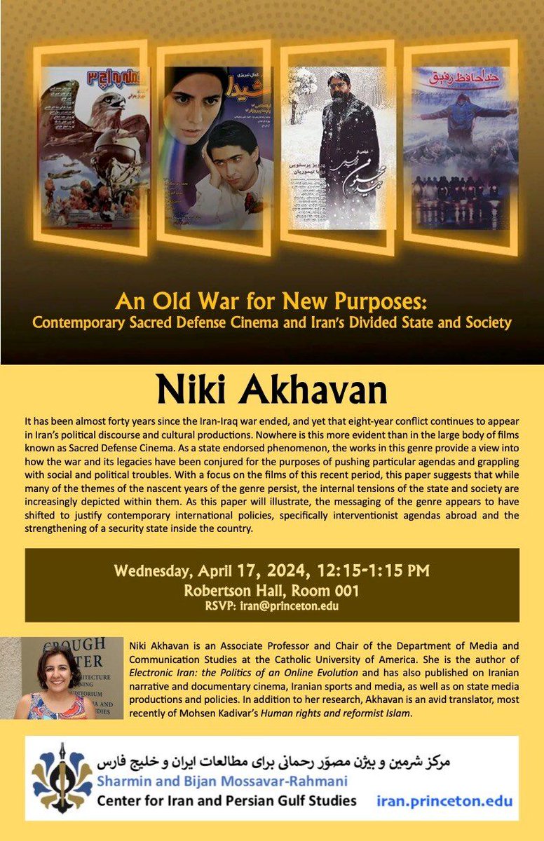 Dr. Akhavan, Chair of the <a href="/cuamediastudies/">Media and Communication Studies</a> dept, recently presented “An Old War for New Purposes: Contemporary Sacred Defense Cinema &amp; Iran's Divided State &amp; Society ” at the Center for Iran and Persian Gulf Studies at Princeton University. <a href="/Princeton/">Princeton University</a> <a href="/CUArtSci/">CUArts&Sciences</a>