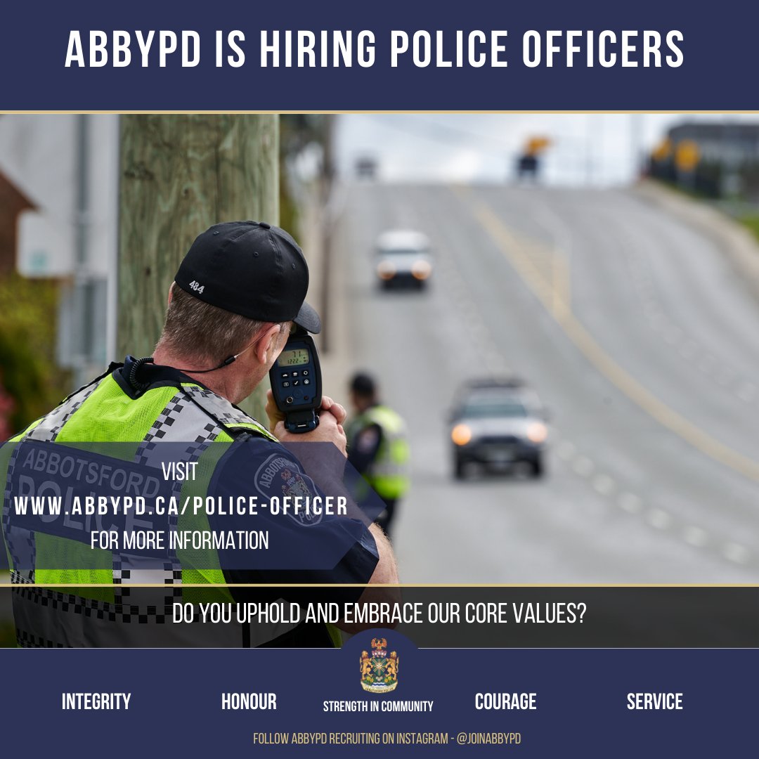 If you see yourself serving our community as one of our many dedicated and committed police officers, please visit our webpage at abbypd.ca/police-officer for more information. Our recruiters would love to hear from you. #StrengthInCommunity #WeAreHiring