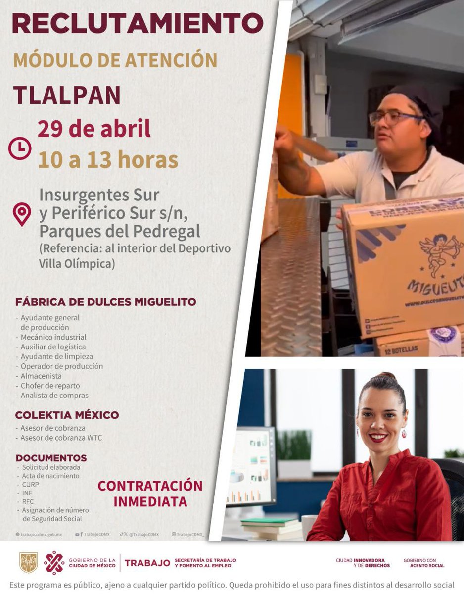 El próximo 29 de abril se llevará a cabo reclutamiento en el Módulo de Atención en Tlalpan, entre las vacantes están: ✅ Mécanico industrial ✅ Auxiliar de logística ✅ Analista de compras, entre otras. 👉🏽CONTRATACIÓN INMEDIATA👈🏽 #TrabajoEnLaCiudad