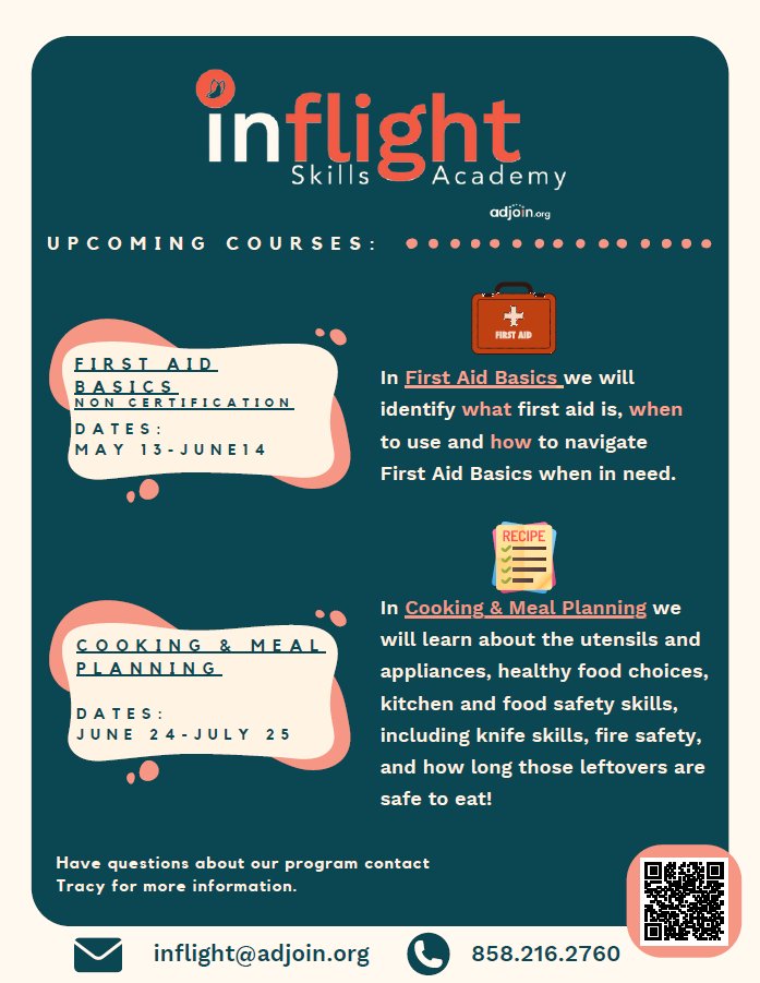 Inflight is a virtual skills academy that supports individuals’ pursuit towards independence. Their courses are designed to be individualized to support a participant’s independence & goals. Each course is 5 weeks & hosted 2 times/week for 1 hr. Join them for their next course!