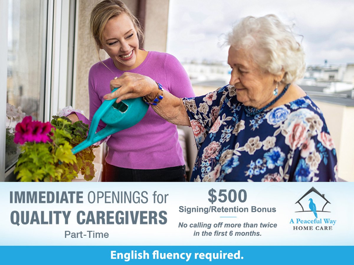 IMMEDIATE OPENINGS for Quality Caregivers to provide loving support & non-medical care to seniors in their homes. Part-time shifts. $500 signing bonus (see website for requirements) - Must speak English fluently - more info here: apeacefulwayhomecare.com/employment-opp…
#caregiverjobs #seniorcare