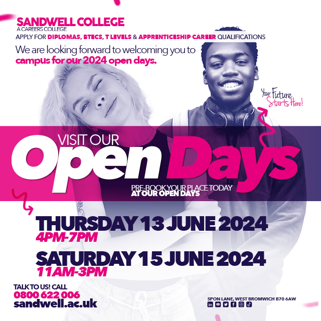 🚨 **ATTENTION** 🚨 Our June Open Days are the final Open Days before the new term begins (exciting times) 😃👇
 
Don't miss out get your early bird tickets here🐤: sandwell.ac.uk/opendays/

#OpenDays #OpenDay #CollegeBound #CollegePrep